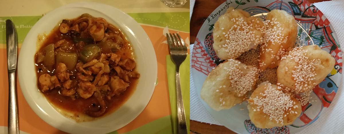 A sinistra la cena da Gialos a Pollonia (polpo di donna Ionna); a destra merenda preparata dalla signora Chaido