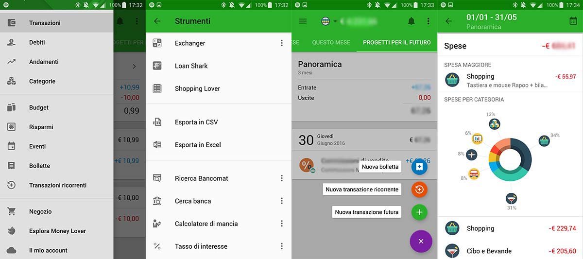 Panoramica interfaccia con schermata e transazioni esemplificative