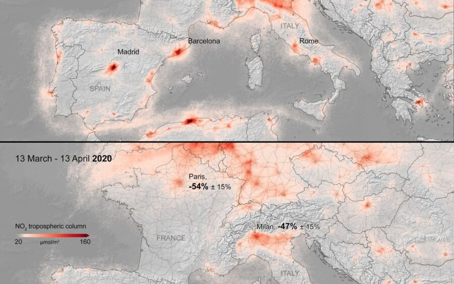 Inquinamento durante la quarantena, calo drastico in tutta Europa 3 Nitrogen dioxide concentrations over Europe risultato