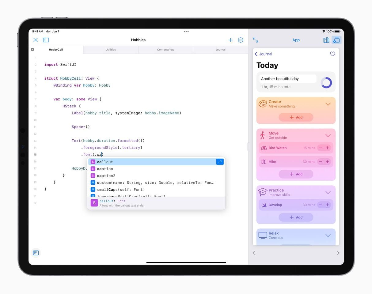 WWDC 2021, Apple presenta iOS 15, iPadOS 15 macOS Monterey e watchOS 8. HomePod Mini in Italia 13 Apple iPadPro iPadOS15 swiftui code completion 060721 result